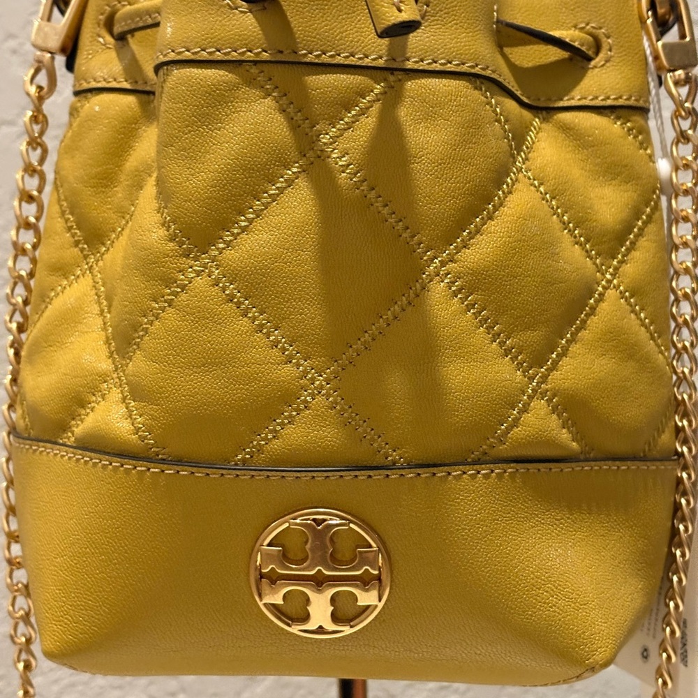 Tory Burch Yellow Quilted Drawstring Crossbody Bucket Bag - Picture 2 of 9